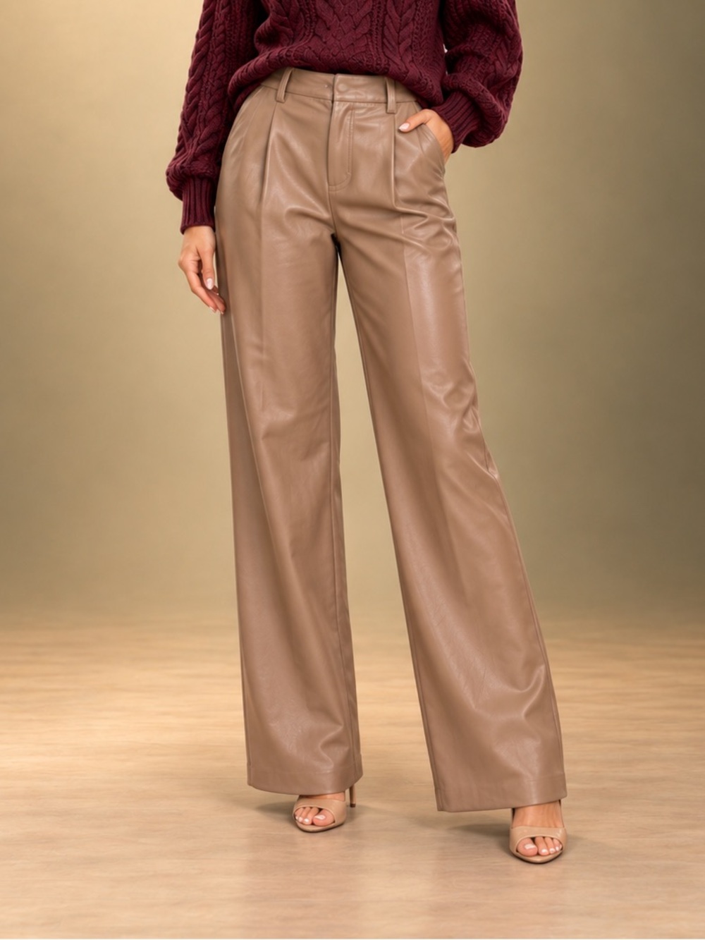 House of Harlow 1960 Faux Leather Trouser Pants Taupe Tan Size 12